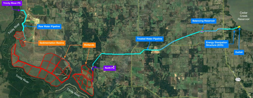 Overview map of the Marty Leonard Wetlands pipeline and program facilities