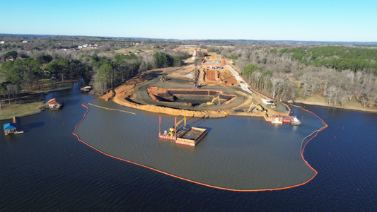 Aerial view of marine construction activity
